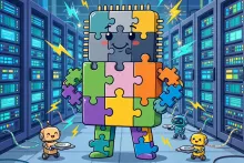 Cartoon illustration of a cheerful computer chip assembled from smaller chip pieces standing in front of glowing data center server racks.