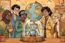 Cartoon scientists from around the world watch over a friendly robot sealed safely inside a transparent containment dome beside a globe.