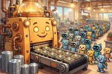 Cartoon illustration of a smiling lithography machine printing glowing microchips on a conveyor belt while a long queue of small robots waits for more chips.