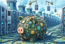 Cartoon illustration of a piggy bank made of computer chips surrounded by server racks, cooling towers, and cranes, representing the cost of AI data-center buildouts.