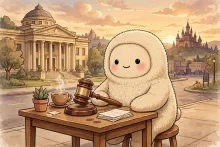Cartoon illustration of a friendly robot character at a desk with an auction gavel and a courthouse in the background.