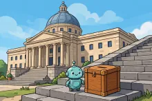 Cartoon illustration of a friendly robot beside a ballot box on the steps of a domed government building.