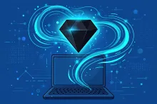 Cartoon illustration of a glowing diamond-like gemstone floating above a laptop with code flowing around it.