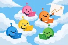Cartoon illustration of colorful round robot dots working at laptops inside clouds.