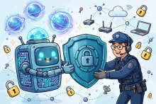 Cartoon illustration of a friendly quantum computer robot handing a large padlocked shield to a network security guard amid floating locks, routers, and glowing qubit spheres.