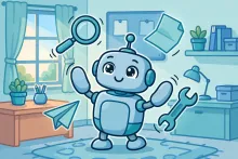 A friendly cartoon robot juggling task icons like a magnifying glass, document, wrench, and paper plane in a bright office.