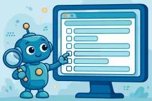 Cartoon illustration of a friendly robot character reaching toward a form in an oversized web browser window, holding a magnifying glass.