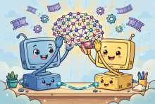Cartoon illustration of two desktop computers linked by glowing cables, jointly holding a sparkling network of colorful nodes shaped like a brain.