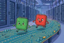 Cartoon illustration of two rival AI computer chips racing on a circuit-board track inside a data center, with the trailing chip closing the gap.