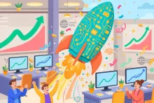 Cartoon of a rocket with circuit-board patterns launching from a stock trading floor scene.