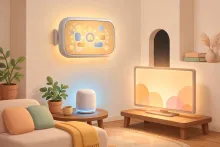 Cartoon of a smart-home living room with a glowing wall-mounted hub display, a tabletop smart speaker, and a TV.