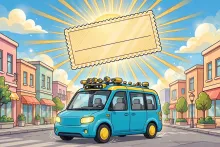 Cartoon of a driverless taxi van cruising a city street with a giant oversized paper check floating above it.
