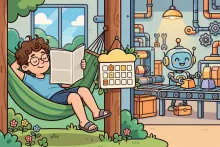 Cartoon of a person relaxing in a hammock while a robot works on a factory assembly line in the background.