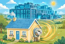 Cartoon of a suburban house with a spinning electric meter while a giant data center looms on the horizon.