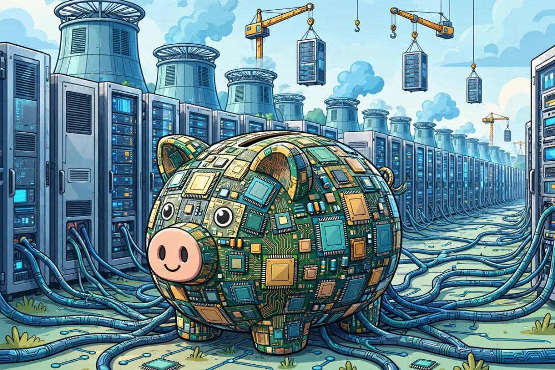 Cartoon illustration of a piggy bank made of computer chips surrounded by server racks, cooling towers, and cranes, representing the cost of AI data-center buildouts.