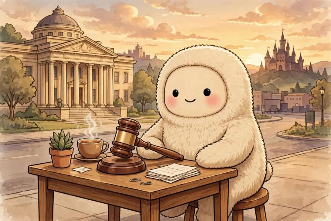 Cartoon illustration of a friendly robot character at a desk with an auction gavel and a courthouse in the background.