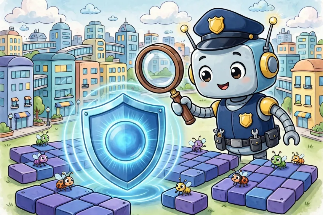 Cartoon robot security guard using a magnifying glass to find bugs in software protected by a glowing shield.
