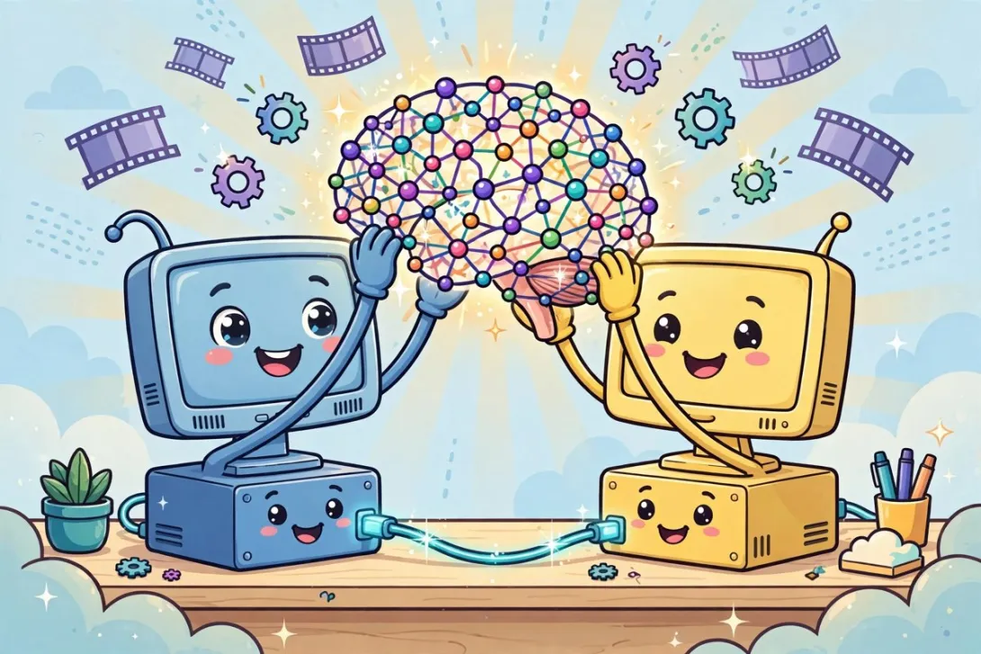 Cartoon illustration of two desktop computers linked by glowing cables, jointly holding a sparkling network of colorful nodes shaped like a brain.
