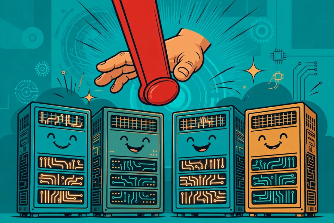 Cartoon of a hand reaching for a giant red emergency brake lever above smiling server racks