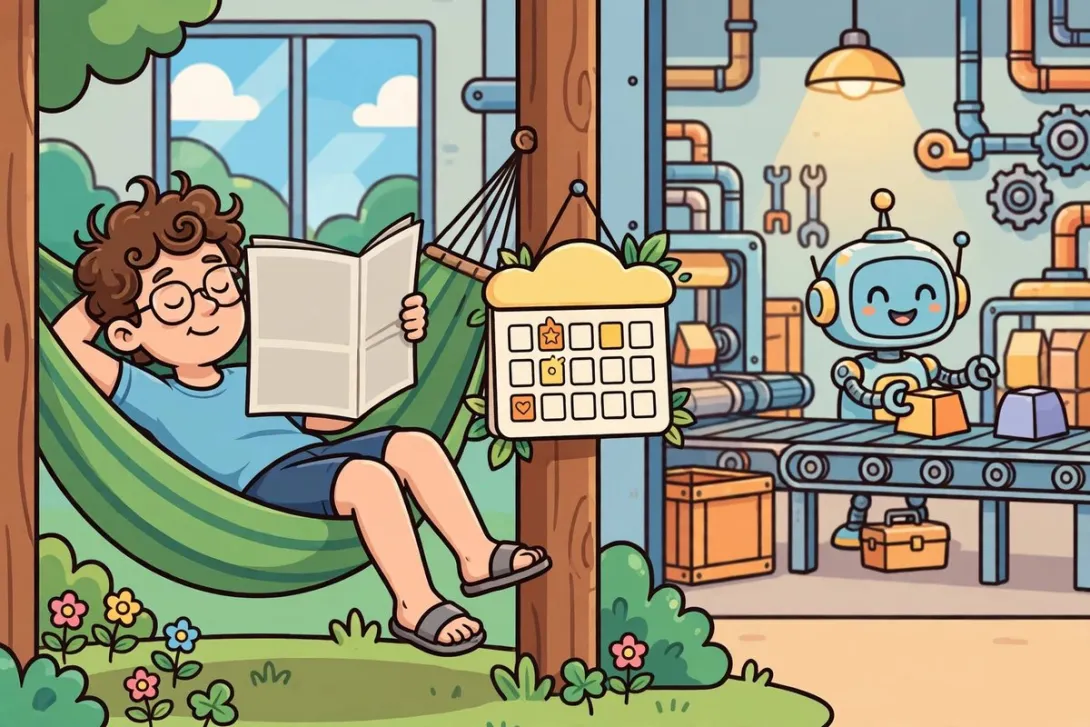 Cartoon of a person relaxing in a hammock while a robot works on a factory assembly line in the background.